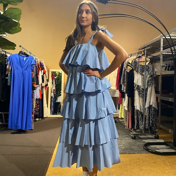 SOFIA Made in Italy Cotton Tiered Beyoncé Dress Light Blue Small - Picture 4 of 9